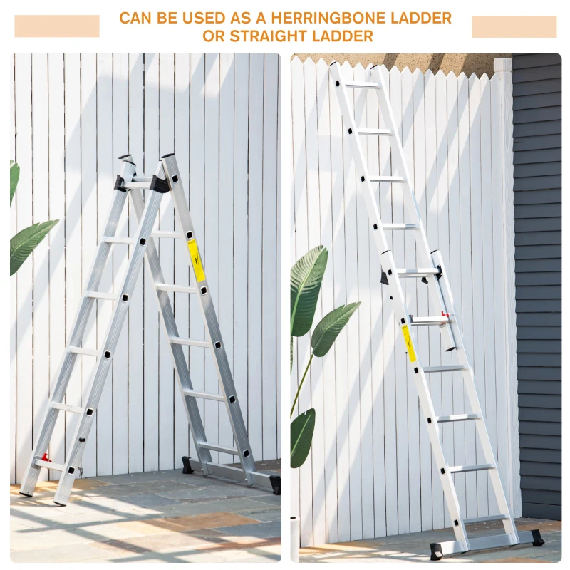 HOMCOM 2.5m Foldable Aluminium Duo Ladder w/ Non-Slip Feet Safe Wide Steps Stable A Frame Suitable For Indoor Outdoor Home DIY