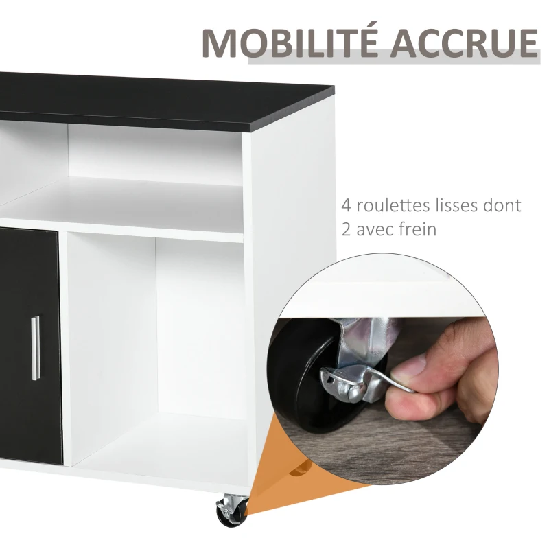Support d'imprimante Organiseur Bureau Caisson Placard + 2 tiroirs + niches + Grand Plateau Panneaux Particules (Noir)