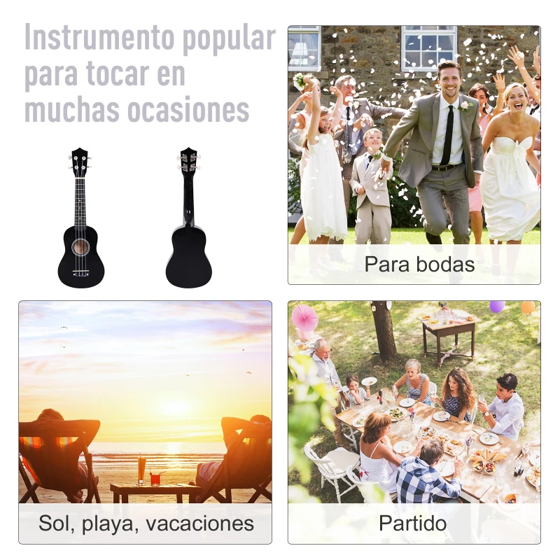 HOMCOM Ukelele Soprano para Principiantes con 4 Cuerdas de Nylon Ajustables Juguete educativo 53x17,5x6,2cm Negro