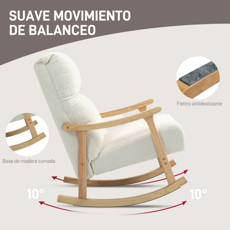 HOMCOM Silla Mecedora de Borreguito con Patas y Reposabrazos de Madera de Haya Mecedora para Lactancia Carga 120 kg Crema(m-4)