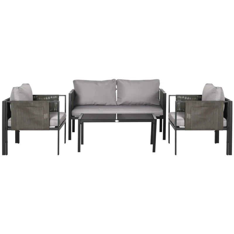 Outsunny 4 Piece Metal Garden Furniture Set with Tempered Glass Coffee Table, Texteline Pocket, Outdoor Set Loveseat Single Armchairs with Padded Cushions, Light Grey