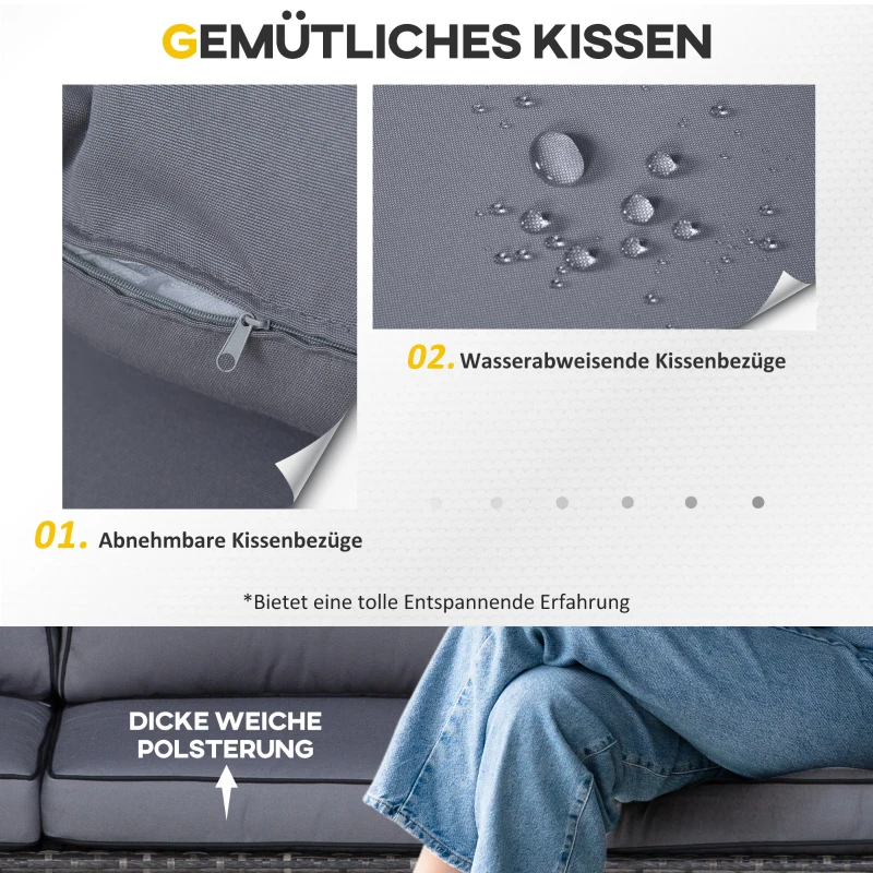 Outsunny Rattan Lounge Set, Sitzgruppe mit Sonnendach, Garten Loungegruppe, inkl. Kissen und Beistelltisch, Metall, Grau, 215 x 75 x 64 cm