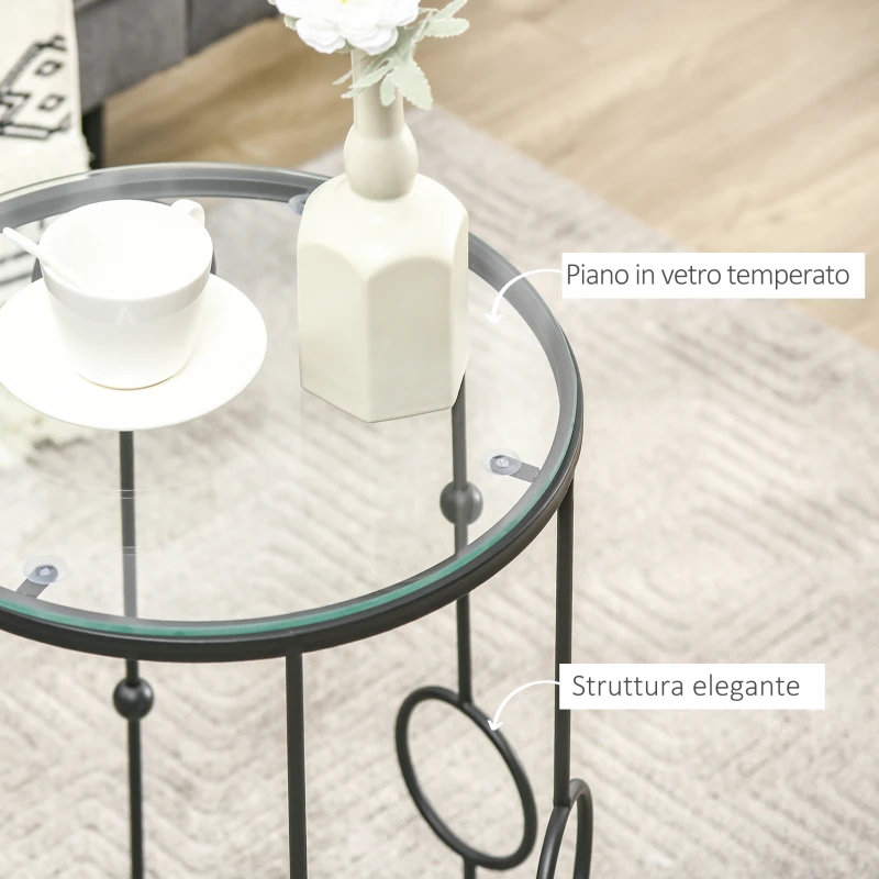 HOMCOM Set di 2 Tavolini da Caffè Impilabili in Metallo e Vetro Temperato Ø41x57cm e Ø36x51cm, Nero