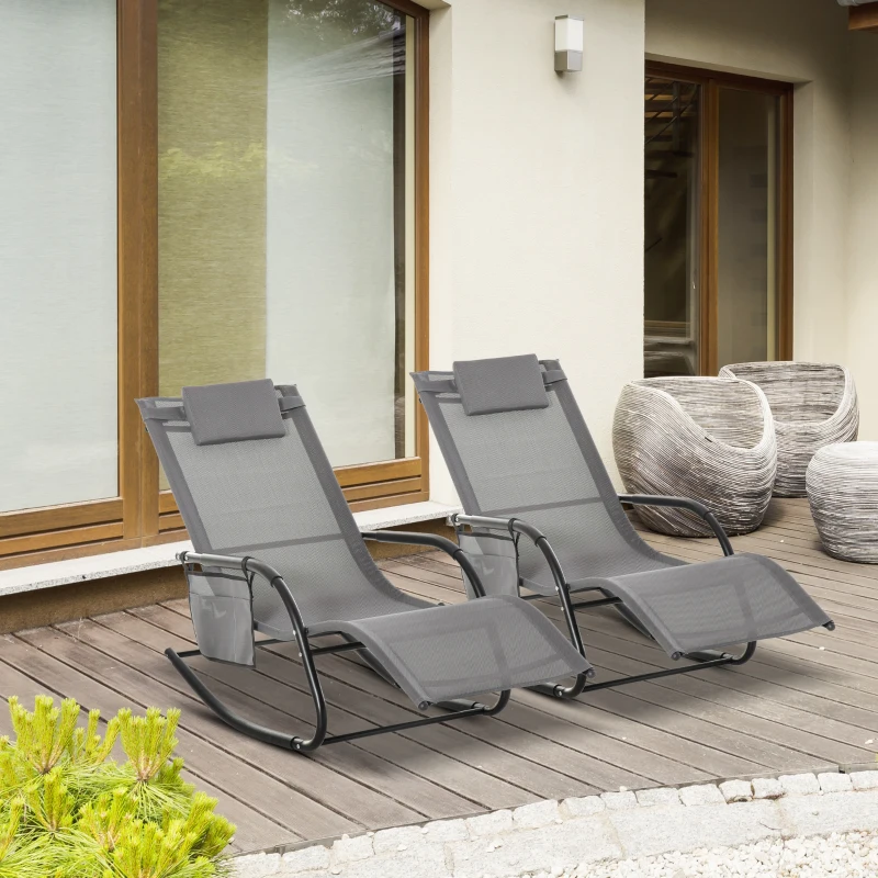 Outsunny 2PCs Outdoor Garden Rocking Chair, Patio Sun Lounger Rocker Chair with Breathable Mesh Fabric, Removable Headrest Pillow, Armrest, Side Storage Bag, Grey