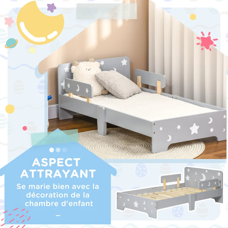 ZONEKIZ Lit pour enfants de 3 à 6 ans design étoiles et lune sommier à lattes inclus chambre moderne 143 x 76 x 49 cm gris