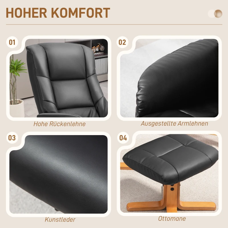 HOMCOM Relaxsessel mit Hocker, Liegefunktion, Kunstlederbezug, bis 150 kg, 71 x 84 x 102 cm, Schwarz(m-6)