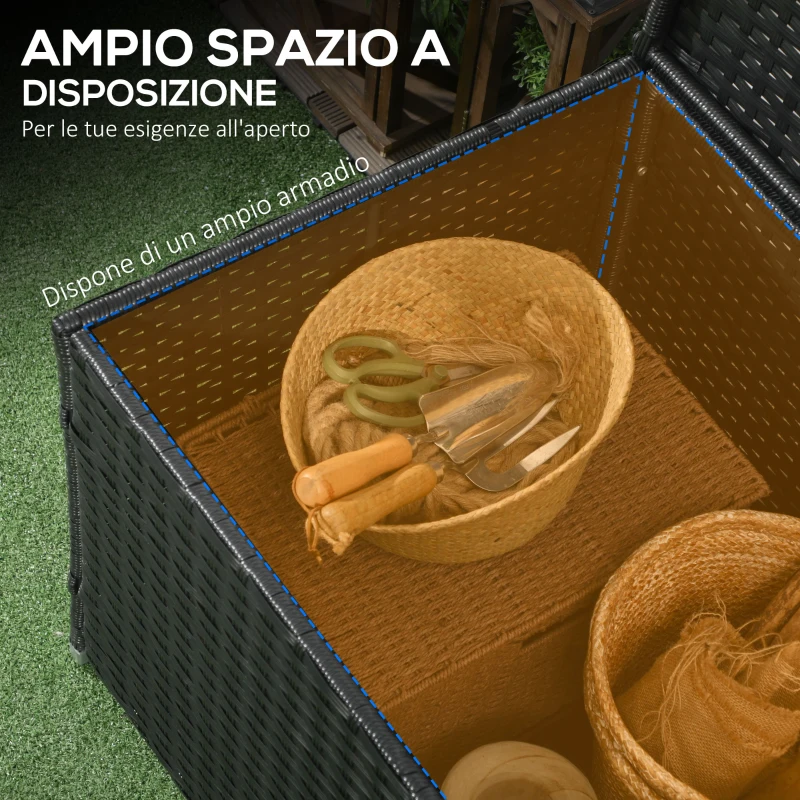 Outsunny Baule da Giardino in Rattan e Acciaio con Coperchio, 95x60x53cm, Nero