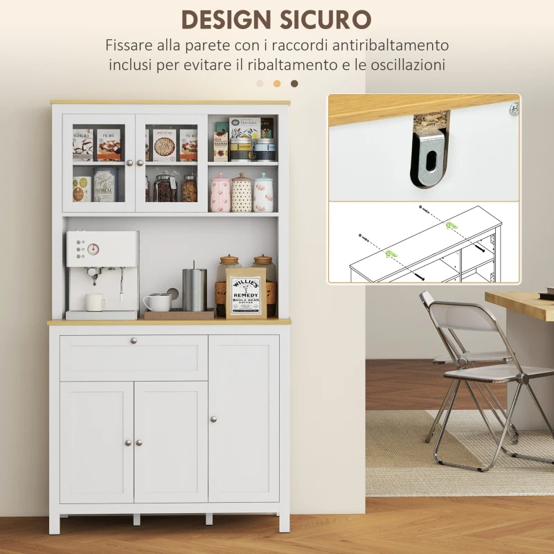 HOMCOM Dispensa Cucina con Cassetti, Ripiani Aperti e Scaffali Regolabili in Legno, 100x40x180 cm, Bianco