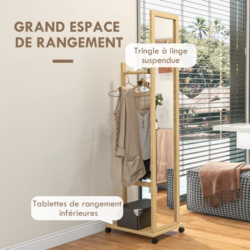 HOMCOM Miroir sur pied avec roulettes et multi-rangements 1 tringle portant 1 étagère inférieure en bois coloris naturel
