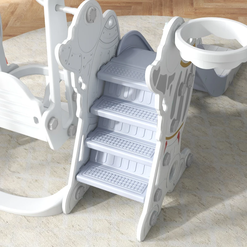 AIYAPLAY 3-in-1-Set Kinderrutsche mit Schaukel, Basketballkorb, Raketen-Design, weiß+grau, 150L x 185B x 92H cm