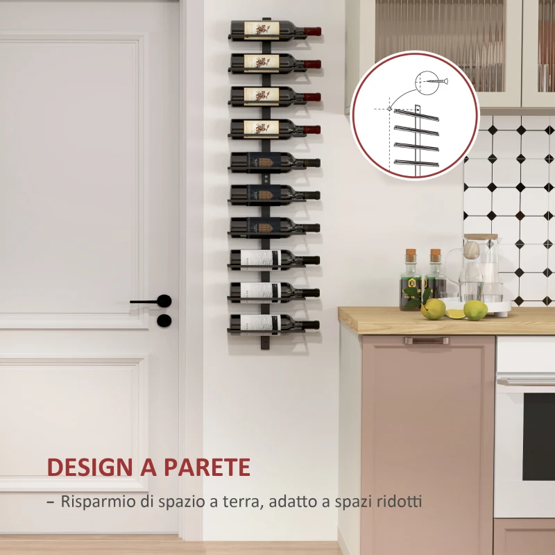 HOMCOM Portabottiglie da Parete a 10 Ripiani in Acciaio Nero per 10 Bottiglie,, 27x10x116 cm