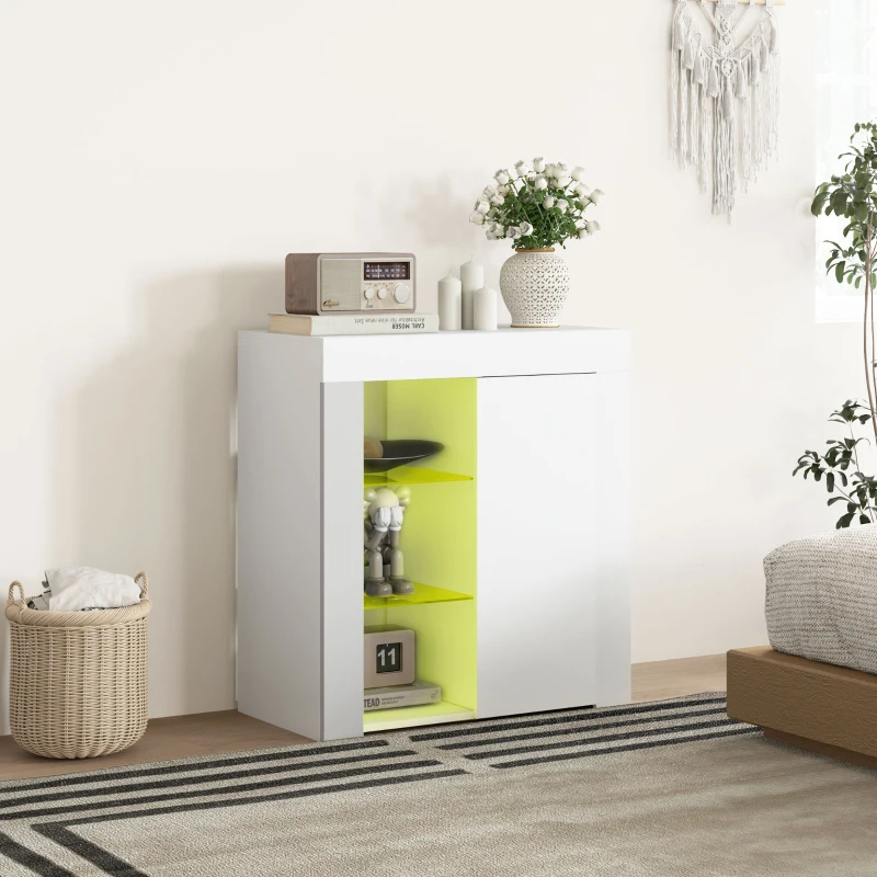 HOMCOM Mobile Contenitore a LED con 3 Ripiani Aperti e Armadietto a 2 Livelli, in Legno e Vetro, 75x40.1x83 cm, Bianco