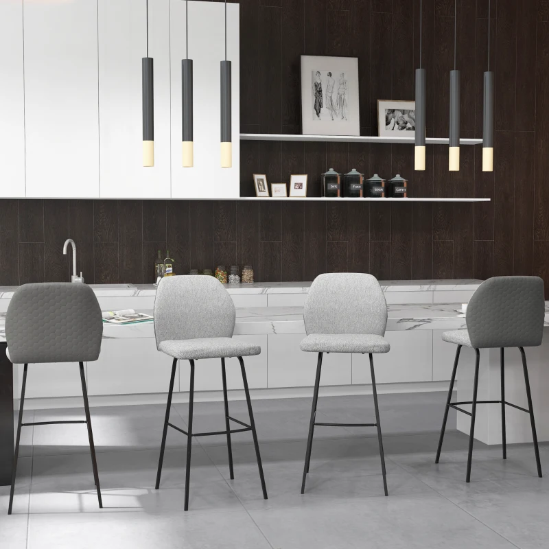 HOMCOM Bar Stools Set of 4, Linen-Touch Upholstered Bar Chairs, Kitchen Stools with Backs and Steel Legs for Dining Room, Light Grey