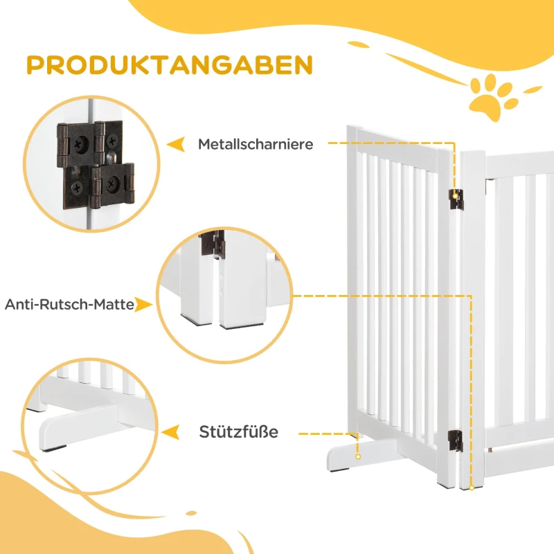 PawHut Absperrgitter Hund Freistehendes Verstellbares Schutzgitter mit Füßen 155 x 76 cm Holz Hundegitter Klappbar Treppenschutzgitter für Treppen, Türen, Küche, Flur, 3 Paneelen, Weiß