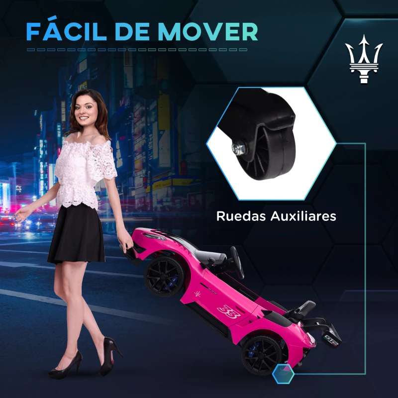AIYAPLAY Coche Eléctrico para Niños de +3 Años Maserati GT2 con Mando a Distancia Faros LED Bocina Música Ruedas Auxiliares Rosa