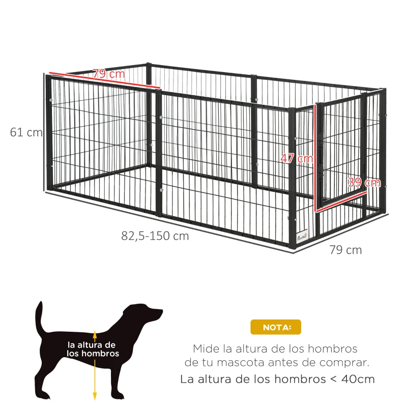 PawHut Parque para Perros de 6 Paneles Valla Metálica para Mascotas con Ancho Ajustable 82,5-150x79x61 cm Negro