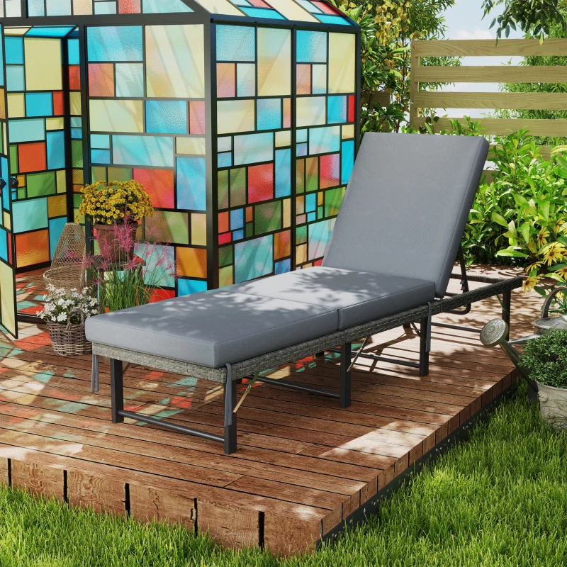 Outsunny Single Folding Rattan Sun Lounger, with Cushion - Grey