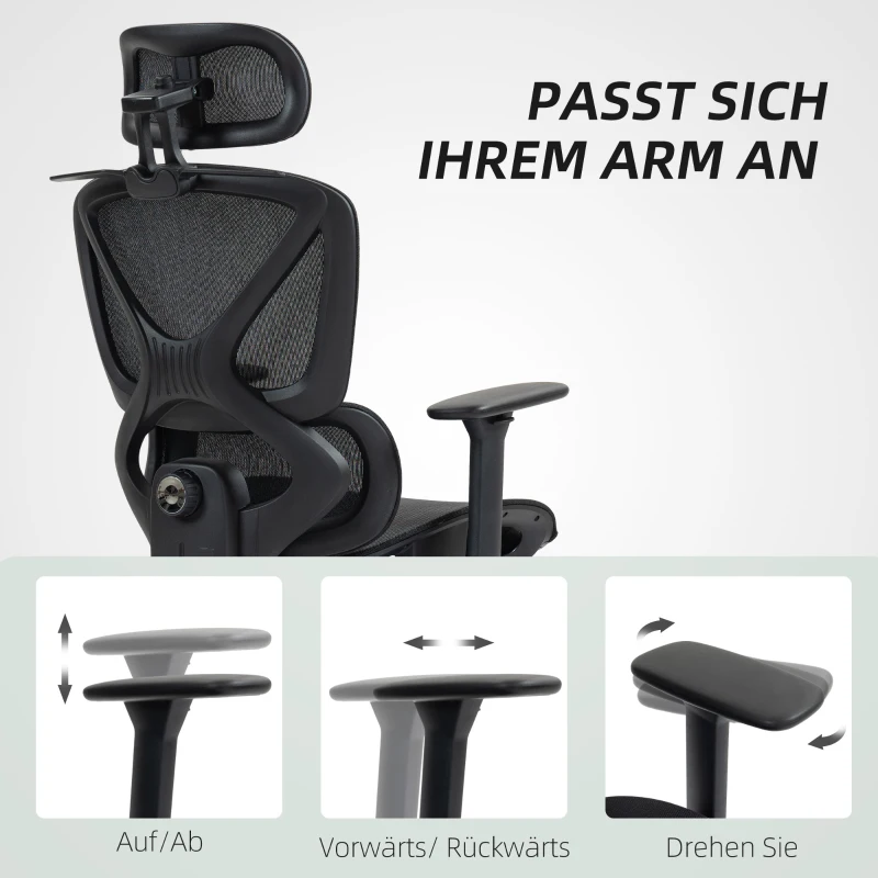 HOMCOM Bürostuhl, Ergonomischer Schreibtischstuhl, 135 Grad neigbar, verstellbar, Schwarz