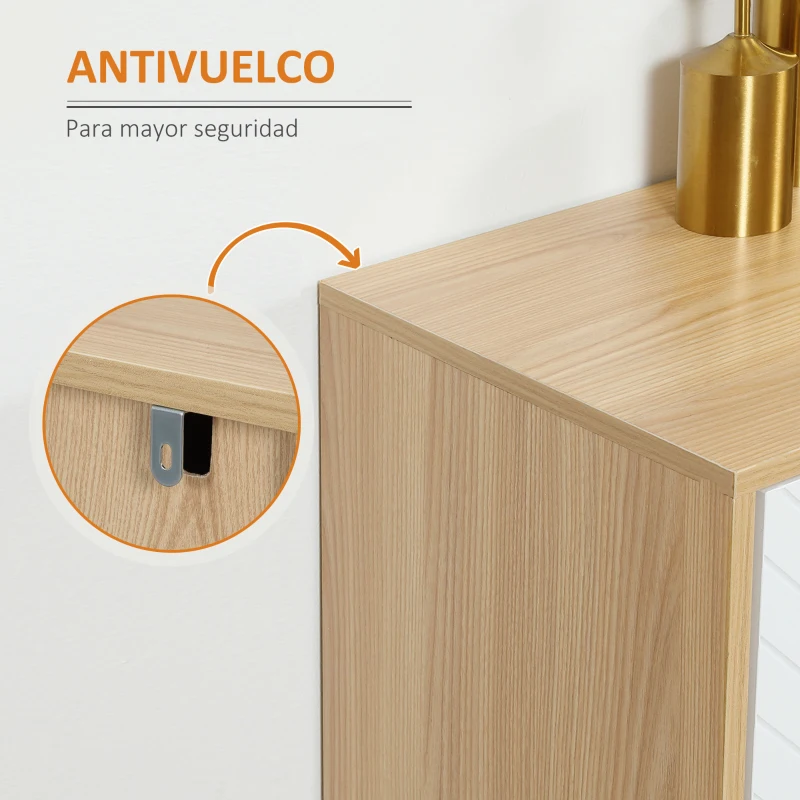 HOMCOM Mueble Buffet Auxiliar con Estantes Ajustables 2 Armarios y Antivuelco Carga 50 kg 120x35x77,4 cm Blanco y Natural(m-7)
