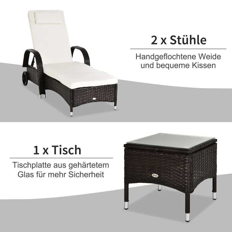 Outsunny 3er-Sonnenliegen-Set, 2x Gartenliege mit Beistelltisch, inkl. Liegeauflagen, Polyrattan, Braun+Cremeweiß