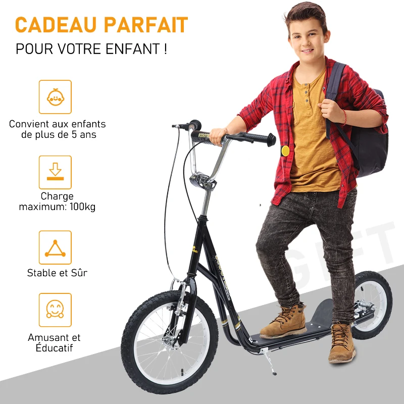 HOMCOM Trottinette patinette pour Enfants à partir de 5 Ans Grands pneus Guidon réglable poignée Frein et béquille Acier Noir