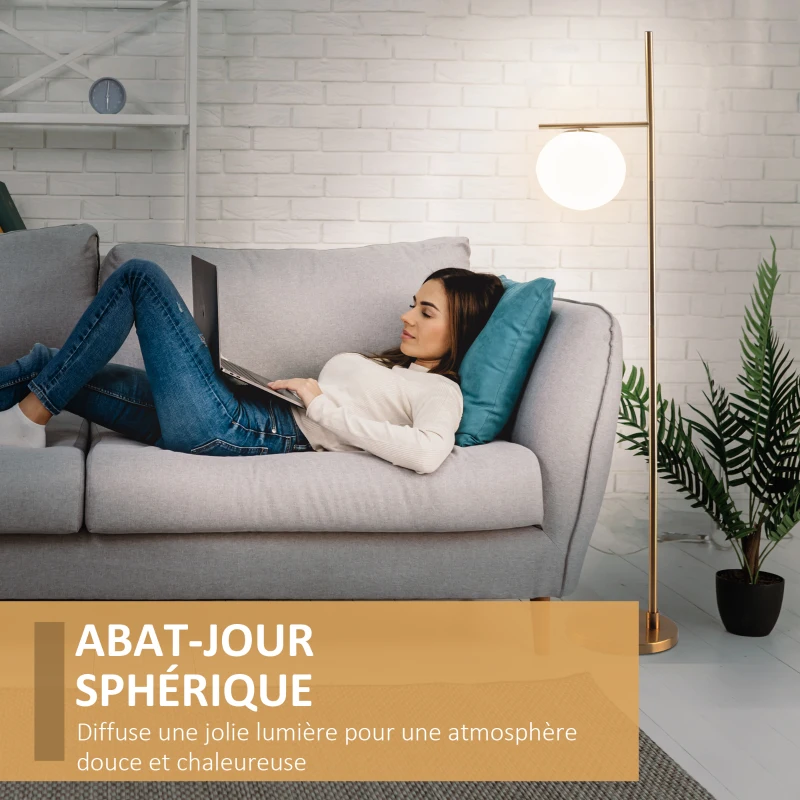 HOMCOM Lampadaire lampe à pied en métal avec abat-jour câble de 180 cm avec interrupteur à pied 30 x 25 x 159 cm or blanc