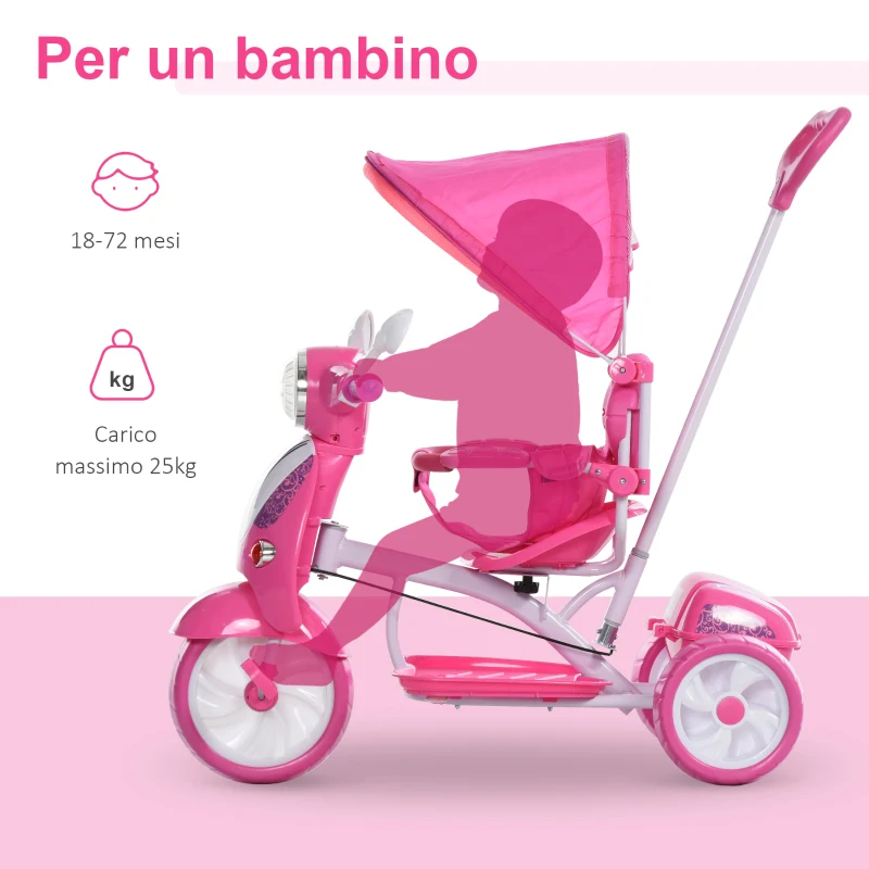 HOMCOM Triciclo per Bambini da 18-72 Mesi con Suoni e Luci, Triciclo con Maniglione e Tettuccio Rimovibile a Forma di Moto, Rosa