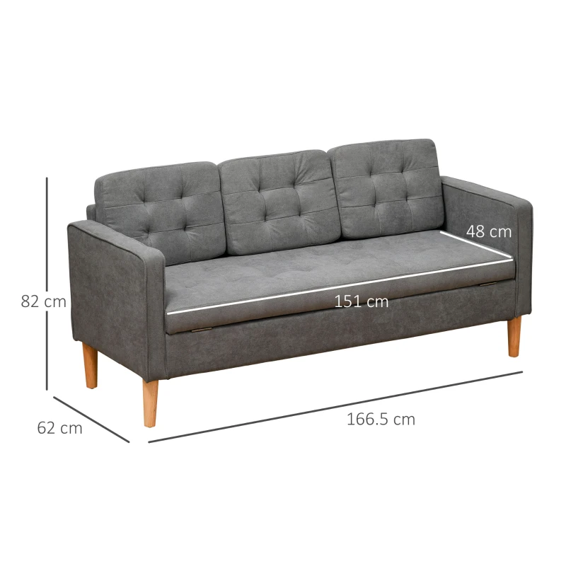 HOMCOM Divano 3 Posti Moderno in Tessuto Grigio con Vano Contenitore e Design Scandinavo, Grigio, 166.5x62x82cm