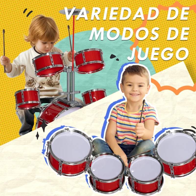 AIYAPLAY Batería para Niños de +3 Años con Tambores Bombo Platillo Pedal y Baquetas 68,5x37x84 cm Rojo