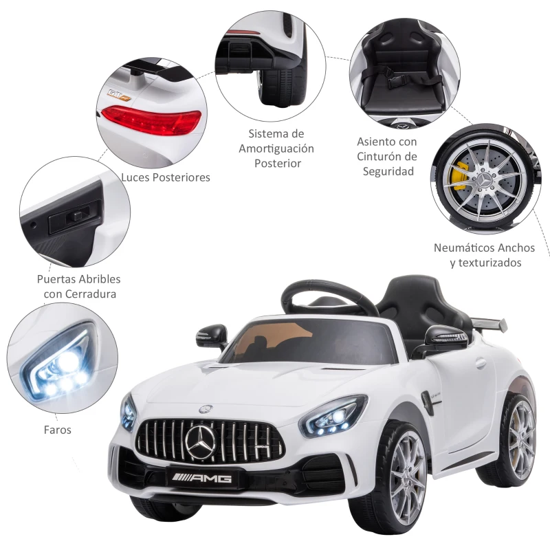 HOMCOM Coche Eléctrico para Niños Mercedes GTR Coche de Batería para Niños de +3 Años 12V Mando a Distancia 105x58x45 cm Blanco