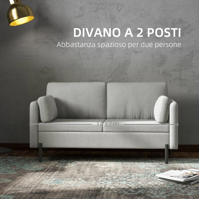 HOMCOM Divano 2 Posti per Soggiorno in Tessuto Effetto Lino e Acciaio con Tasche Laterali, 143x73x77cm, Grigio