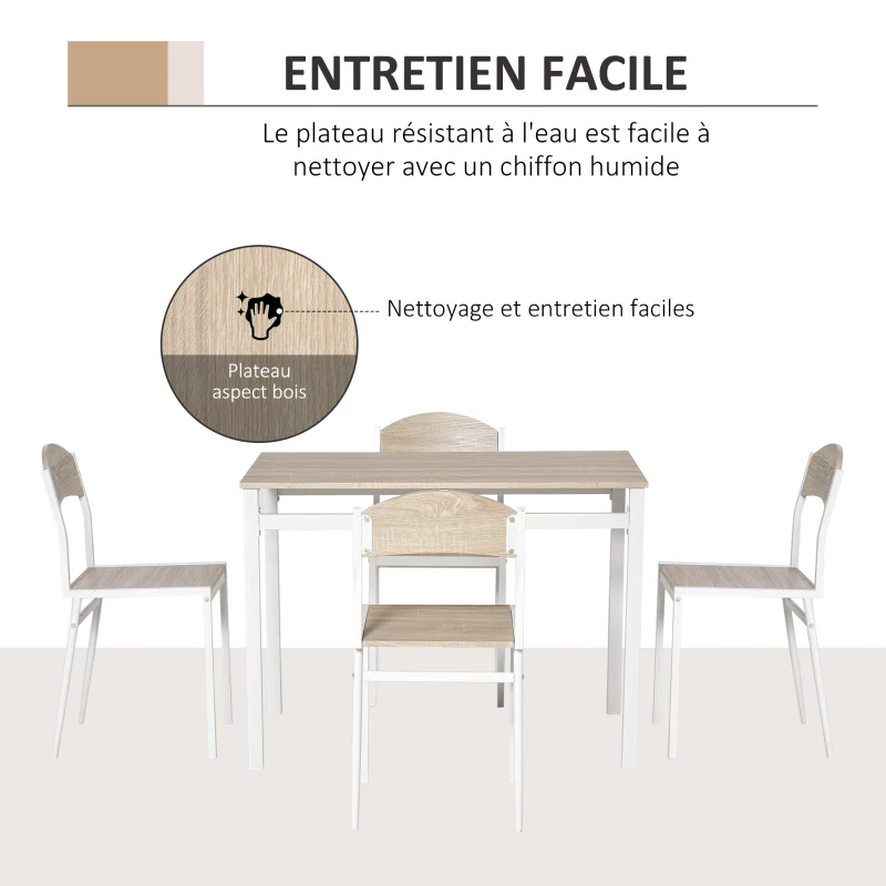HOMCOM Ensemble table à manger 5 pièces avec 4 chaises style contemporain cuisine salle à manger salon plateau MDF coloris bois de chêne châssis métal blanc