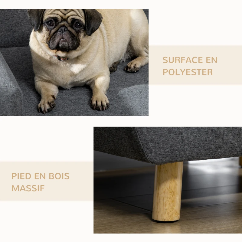 PawHut Canapé chien lit pour chien design scandinave coussin moelleux pieds bois massif dim. 87 x 61 x 36 cm polyester gris