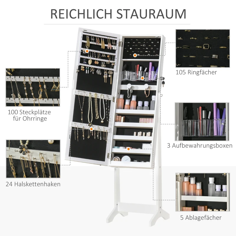 HOMCOM Schmuckschrank mit LED Spiegelschrank Schmuckregal Schmuckorganizer Standspiegel mit 4 Ablagen 46 x 36,5 x 151,5 cm