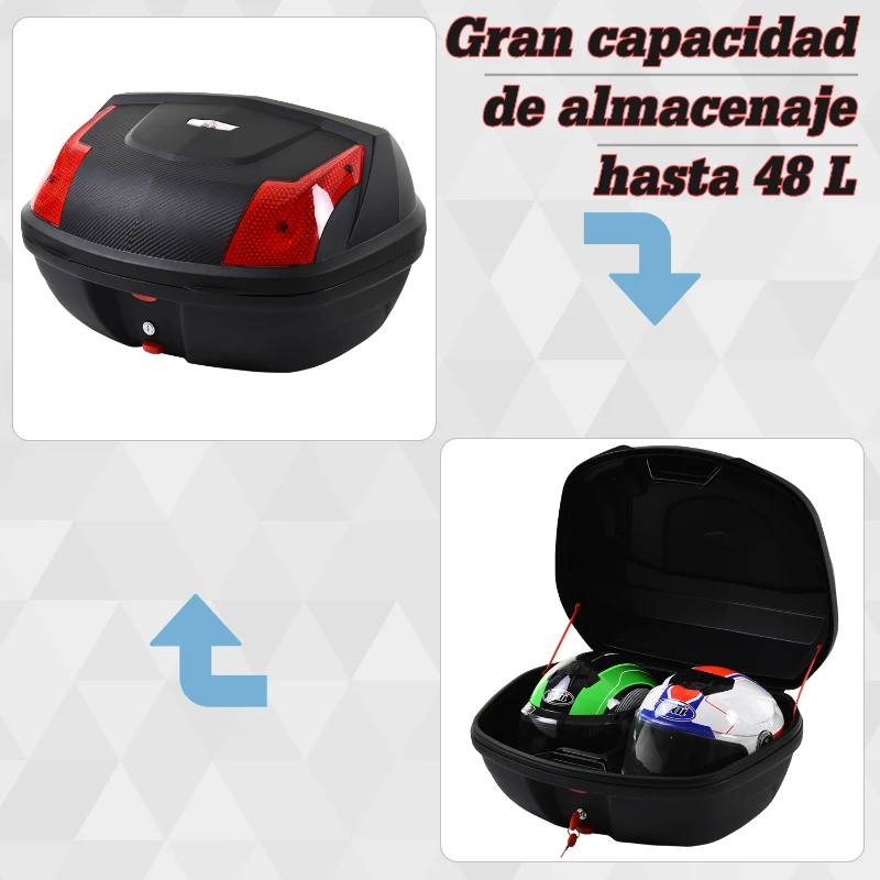 HOMCOM Baúl de Moto Maletero para 1 Casco Integral y 1 Medio Capacidad de 48L Fibra de Carbón Cerradura con 2 Llaves Accesorios 58x44,5x33,5 cm Negro