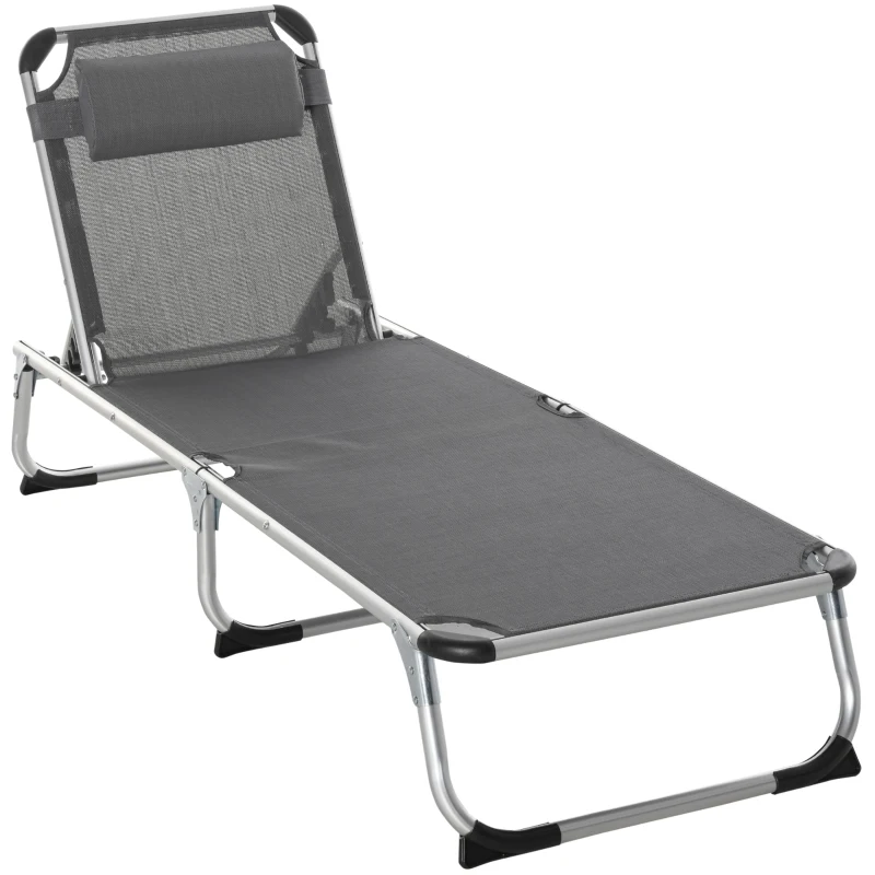 Outsunny Bain de soleil chaise longue pliante avec appuie-tête, transat inclinable en aluminium et textilène, transat jardin extérieur pour plage relax camping piscine terrasse, 165x60x76cm, gris