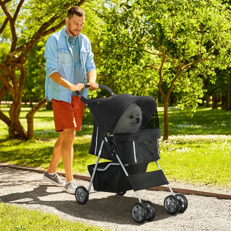 PawHut Carrito para Perros Pequeños con Toldo Ajustable Cesta de Almacenaje Portavasos y Ruedas 75x45x97 cm Negro