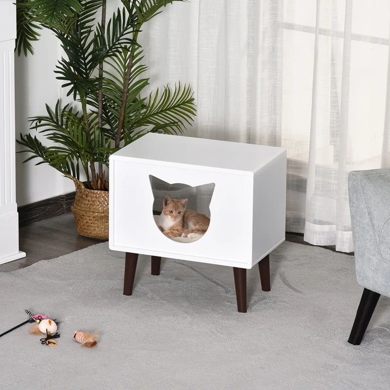 PawHut Cueva de Gatos Cama para Mascotas Semiabierto con Cojín Acolchado Suave Antideslizante Diseño Elevado Bonito Felpa Corta 49x34x49 cm Blanco
