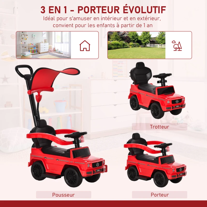 HOMCOM Porteur Enfants Voiture Enfant Multi-équipée 12-36 Mois klaxon Marche-Pieds, Garde-Corps et ombrelle Rouge