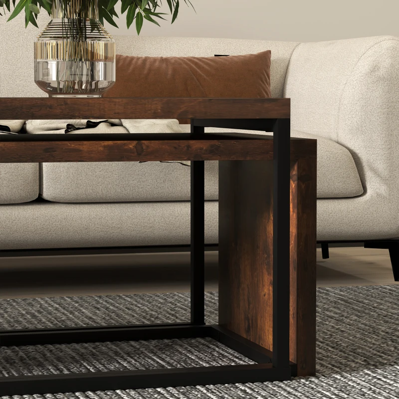 HOMCOM 2er-Set Couchtisch, Sofatisch, Beistelltisch, MDF, Metall, 90 x 48 x 42 cm/59 x 42 x 36 cm, Schwarz+Braun(m-9)