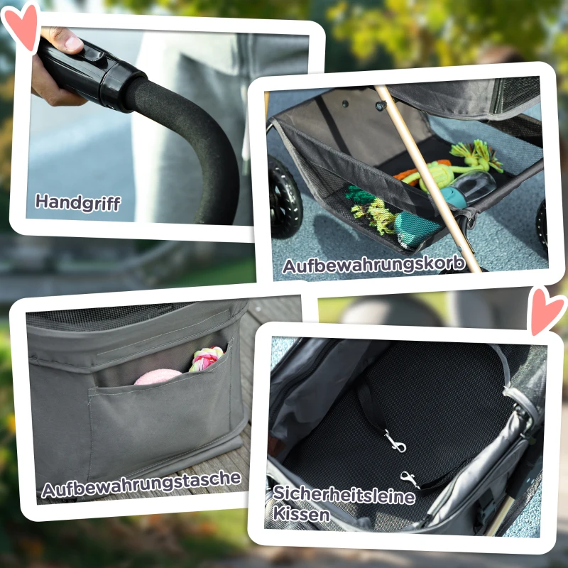 PawHut 3-in-1-Haustierkinderwagen, zusammenklappbarer Hundewagen mit 4 Rädern und abnehmbarer Trage für Hunde und Katzen, Grau(m-8)