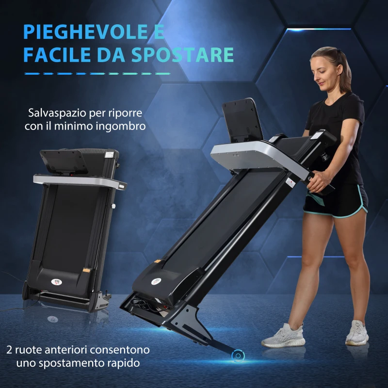 HOMCOM Tapis Roulant Elettrico Pieghevole 1-12km/h, Tapis Roulant Salvaspazio con 12 Programmi Preimpostati, Display LCD e Supporto per Tablet, per Camminata e Corsa, Compatto per Casa e Ufficio, Nero