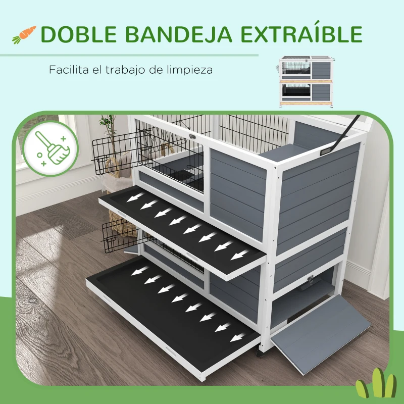 PawHut Jaula para Conejos de 2 Niveles 90x53x97 cm con Ruedas Techo Abatible Bandeja Extraíble Comedero y Rampa Gris