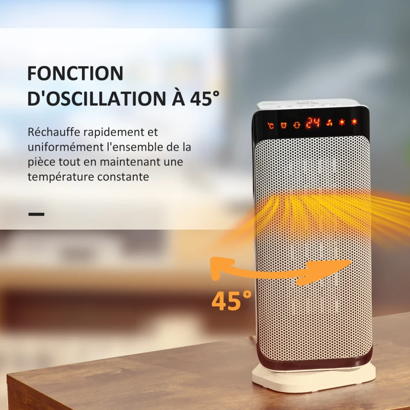 HOMCOM Chauffage d'appoint 1000W/2000W PTC chauffage électrique 3 modes 8H minuterie 45° oscillation télécommande blanc