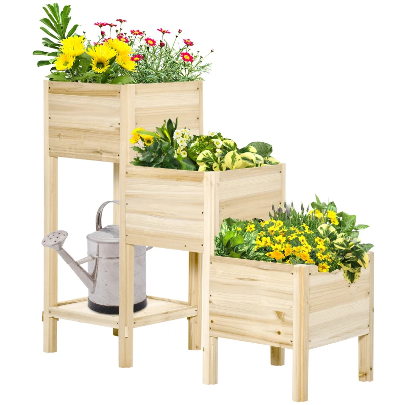 Outsunny Jardinière sur Pieds carré Potager 3 étages dim. 125L x 45l x 108H cm Inserts d'irrigation étagère Bois Sapin Naturel