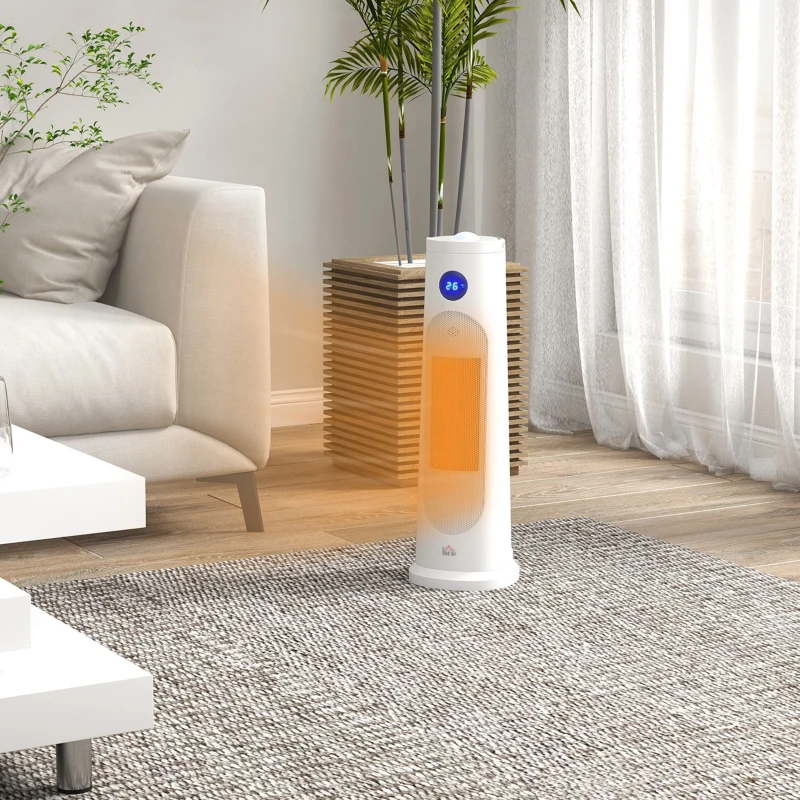 HOMCOM Electric Space Heater, Portable Fan Heater, Low Energy 2000W PTC Ceramic Heater with Thermostat, Timer, 60° Oscillation, Overheat & Tip-over Protection for Bedroom, Home Office, White