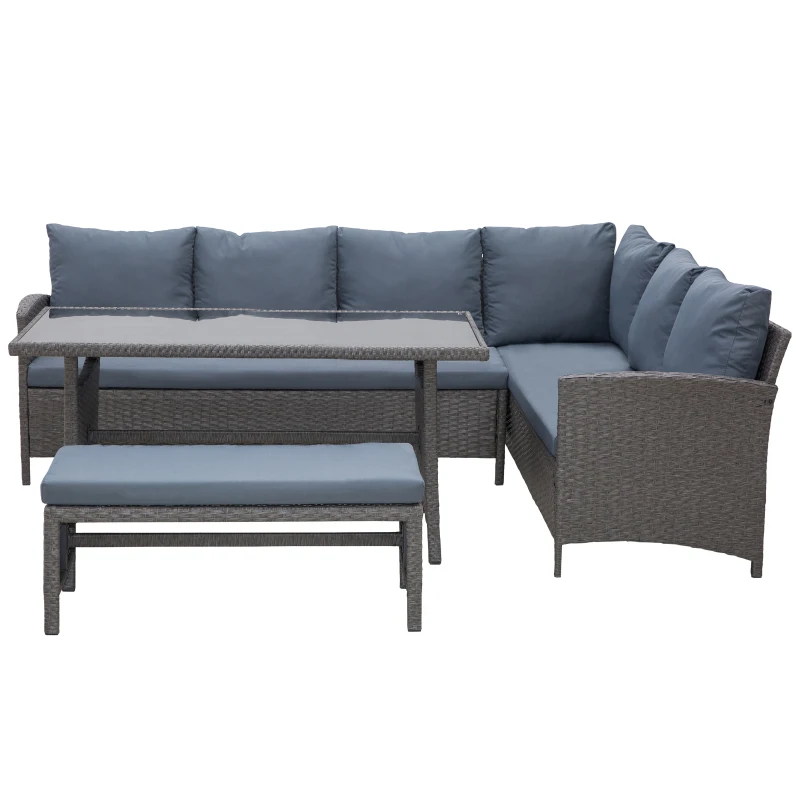 Outsunny Conjunto de Jardín de Ratán Sintético con Sofá Esquinero de 2 Módulos Banco y Mesa con Encimera de Cristal Gris