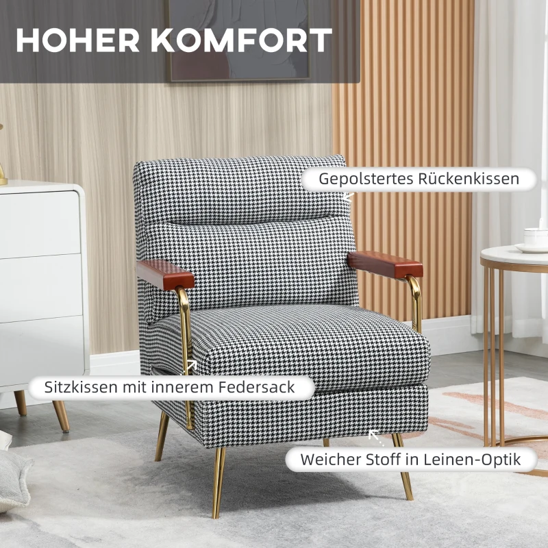 HOMCOM Sessel im Retrodesign, Akzentsessel, Hahnentrittmuster, Holzemelente, Federkern, Schwarz + Weiß