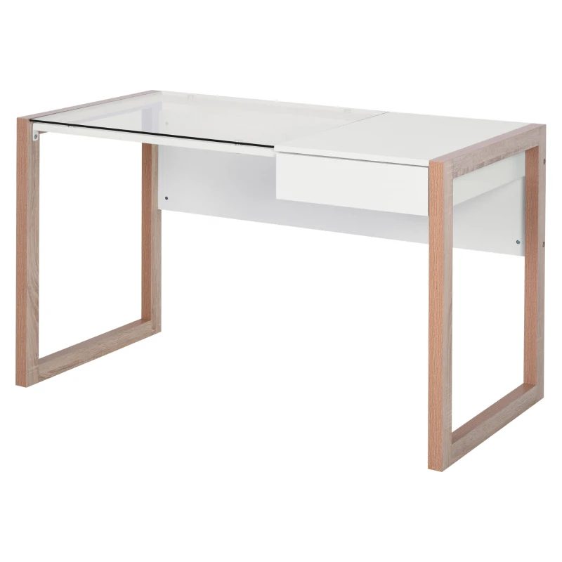 HOMCOM Bureau Informatique Table de Travail Ordinateur avec Grand Plateau en Verre Trempé et Tiroir Intégré Idéal pour Bureau Chambre 120 x 60 x 75 cm Blanc et Bois