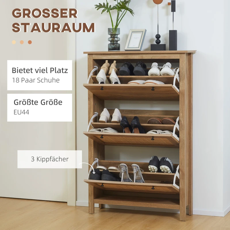 HOMCOM Schuhschrank, bis 18 Schuhpaare, 3 Kippfächer, Rattandekor, Naturholzoptik, 80 x 23,5 x 121,5cm